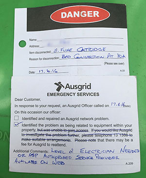 Ausgrid Emergency Services Electrical Defect Notice